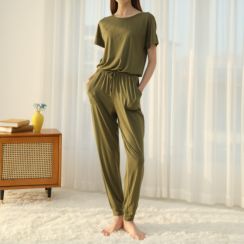 2 Sets Solid Short Sleeve 2 Pcs Summer Round Neck Pajamas