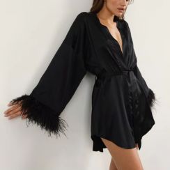 2 Pcs Summer Luxury Solid Color Women Bathrobe With Feather