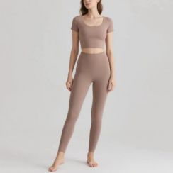 2 Sets Workout Tummy Control Short Sleeve 2 Piece Outfits Clothes Set